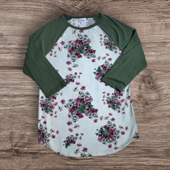 LuLaRoe 3/4 Sleeve Chic Floral Raglan Tunic - Green and Pink - Picture 2 of 9